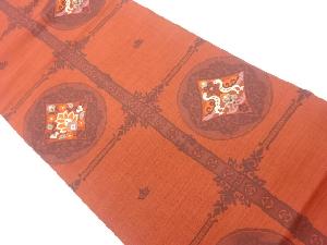 丸文に向かい鳥・草花模様織出し名古屋帯